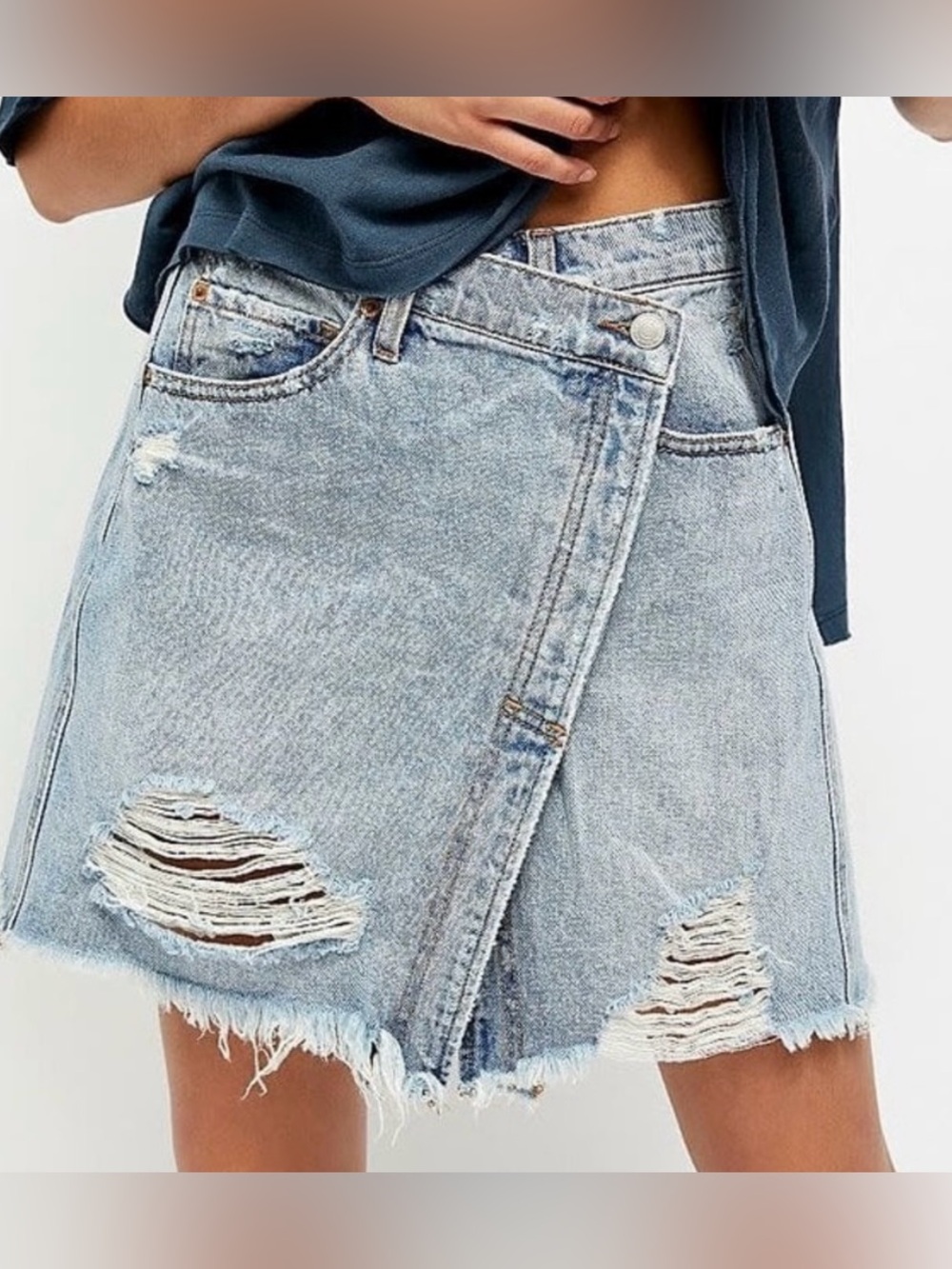 We The Free Medium Wash Distressed Asymmetrical Denim Mini Skirt - Size 27